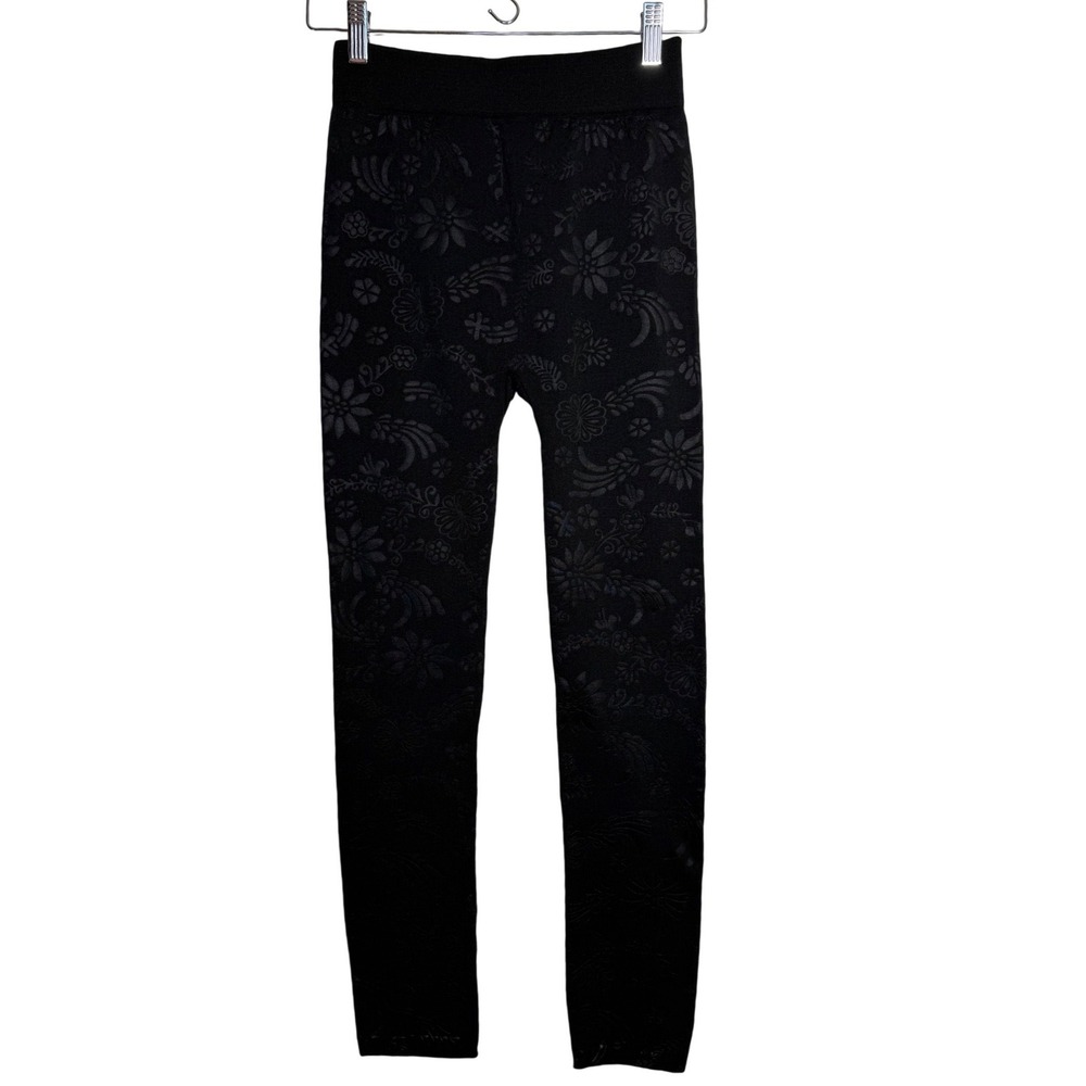 Muk Luks Black Floral Jacquard Leggings Womens M/ L‎ Cozy Fleece Lined Outdoor